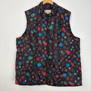 Woman Within Quilted Vest Black Snowflake Print‎ Puffer Sleeveless Pockets Sz 3X